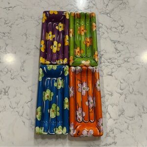 Set of 4 Ceramic Floral Print Rectangle Ribbed Dishes